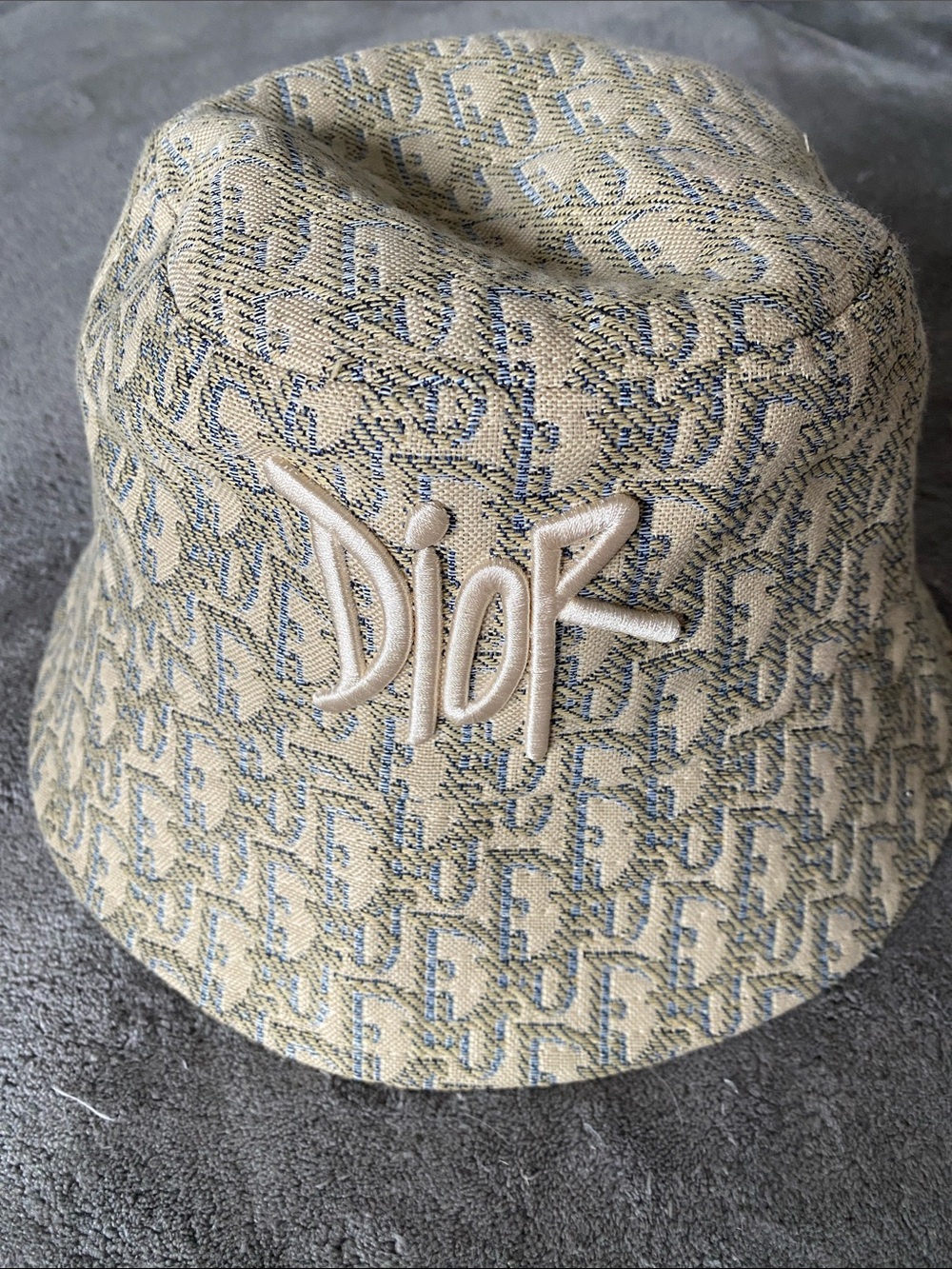 Inspired Beige and Light Blue Embroidered Monogram Bucket Hat